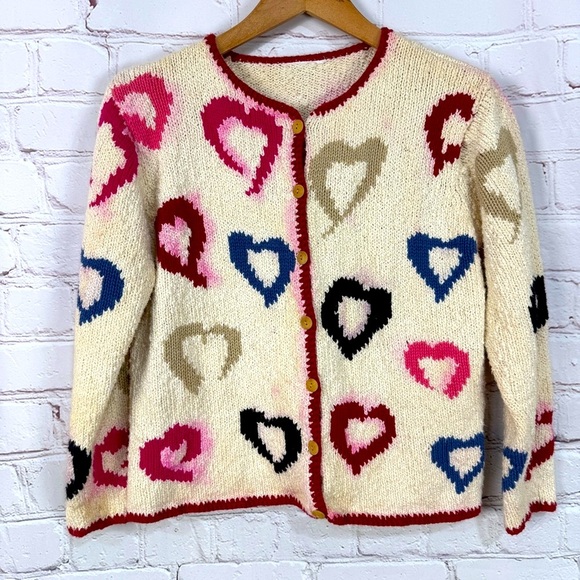Vintage Cream Pink Heart Cardigan Sweater size small to medium Cottagecore - Picture 1 of 3